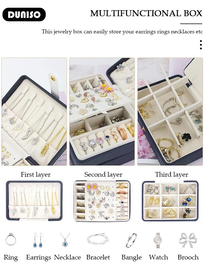 DUNISO Jewelry Box for Women, Large Capacity Double Layer Display Jewellery Organizer with Removable Tray & Partition, 3Tiers Jewellery Storage Case, Travel Jewel Holder Cabinet for Earing, Necklace, Bracelet, Rings  - Image 3