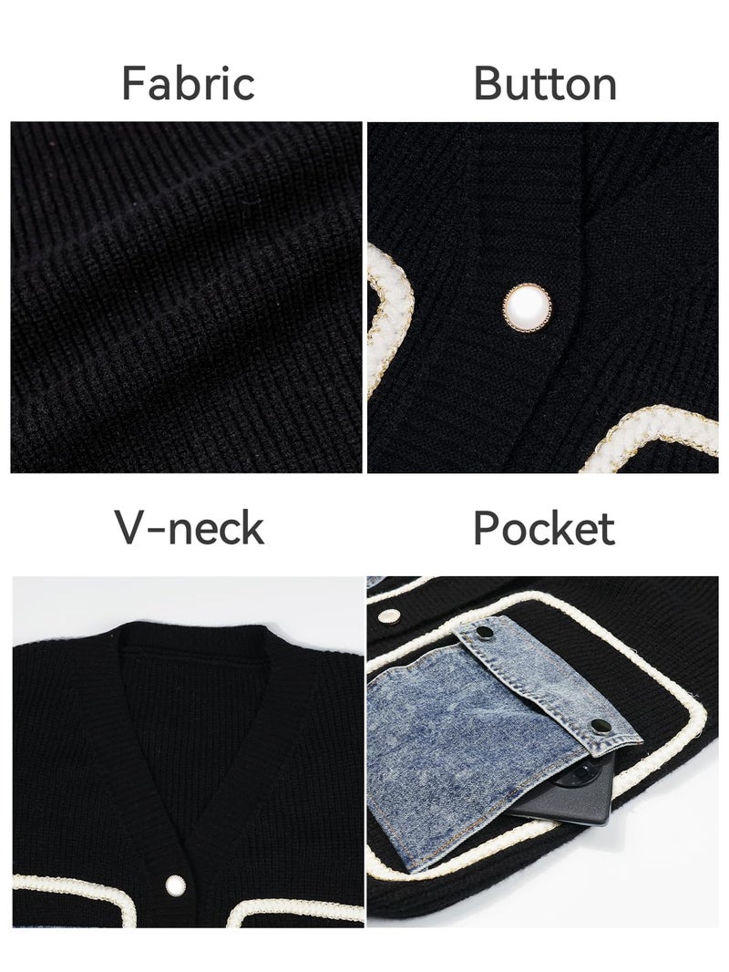 HOULENGS Women's Casual Open Front Patchwork Cardigan Sweaters Button Down V Neck Knit Sweater Jacket with Denim Pockets Black Large - Image 5