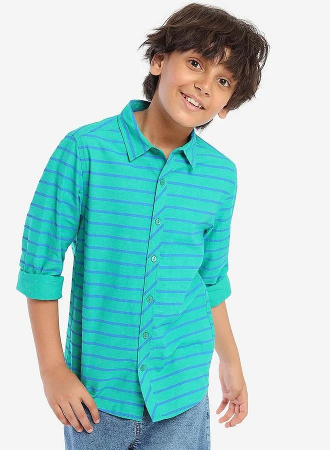 بونكيدز Regular Long Sleeve Printed Green Cotton Shirt For Boys 100 % Cotton