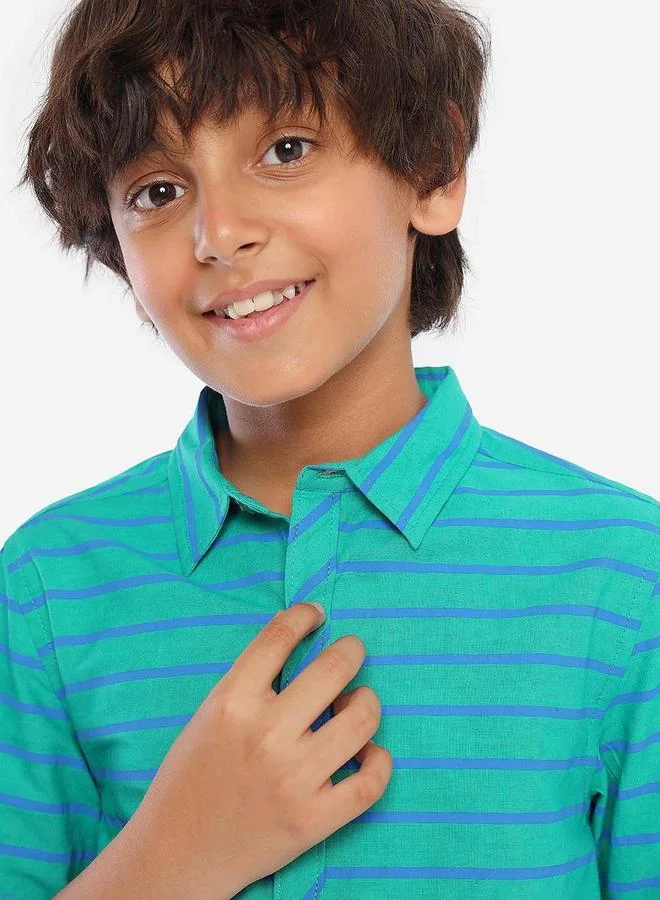 بونكيدز Regular Long Sleeve Printed Green Cotton Shirt For Boys 100 % Cotton