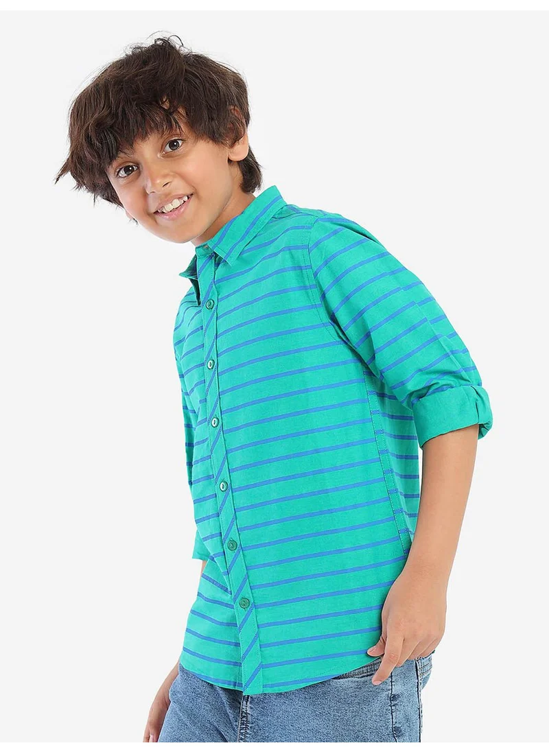بونكيدز Regular Long Sleeve Printed Green Cotton Shirt For Boys 100 % Cotton
