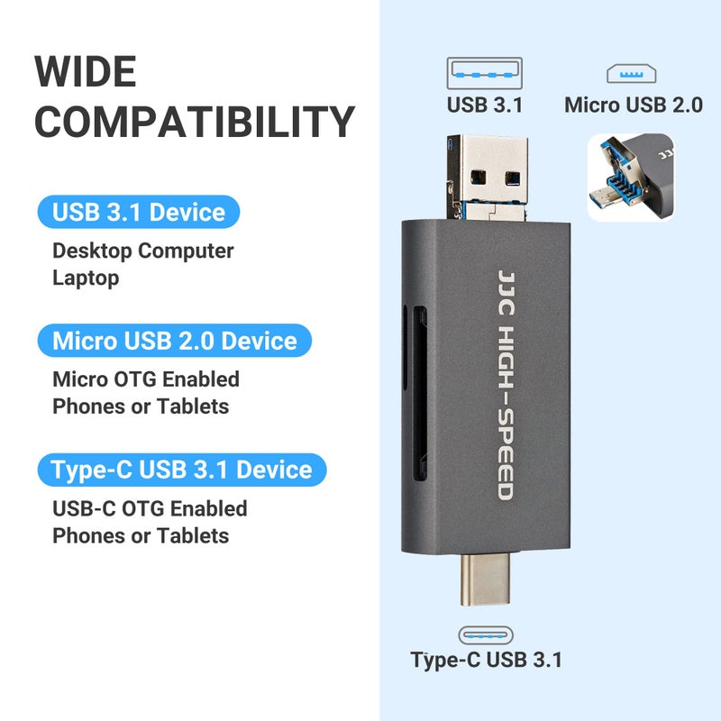 JJC UHS-II SD Micro SD 4.0 Card Reader Adapter, 3-in-1 USB-A 3.1 USB-C 3.1 Micro USB 2.0 Connection Port, High Transfer Speed up to 312MB/s, Compatible with Computer, Laptop, OTG Enable Phone & Tablet - Image 2