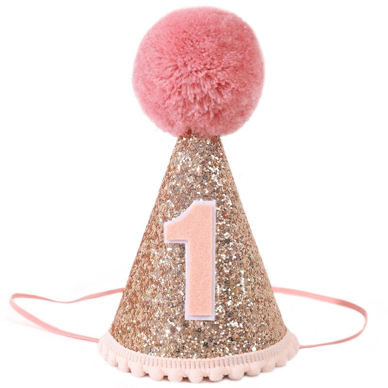 Agkvw Rose Gold 1st Birthday Crown and Cake Smash Props Girls Party Hat Pink Glitter Decorations - Image 2
