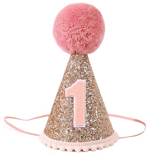 Agkvw Rose Gold 1st Birthday Crown and Cake Smash Props Girls Party Hat Pink Glitter Decorations - Image 1