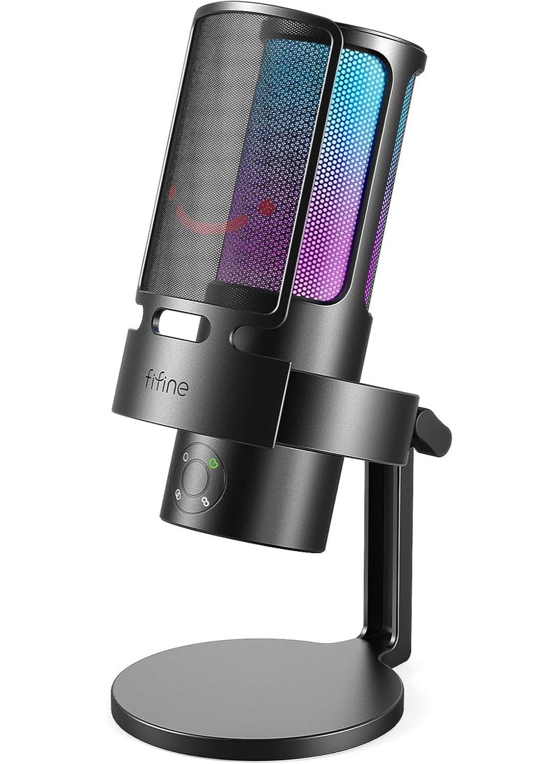 FIFINE A8 Plus AmpliGame USB Condenser Gaming Microphone, with 4 Polar Patterns for Podcast Streaming Recording YouTube, RGB Desktop Mic for PS4, Mac, with Headphone Jack Black - Image 1