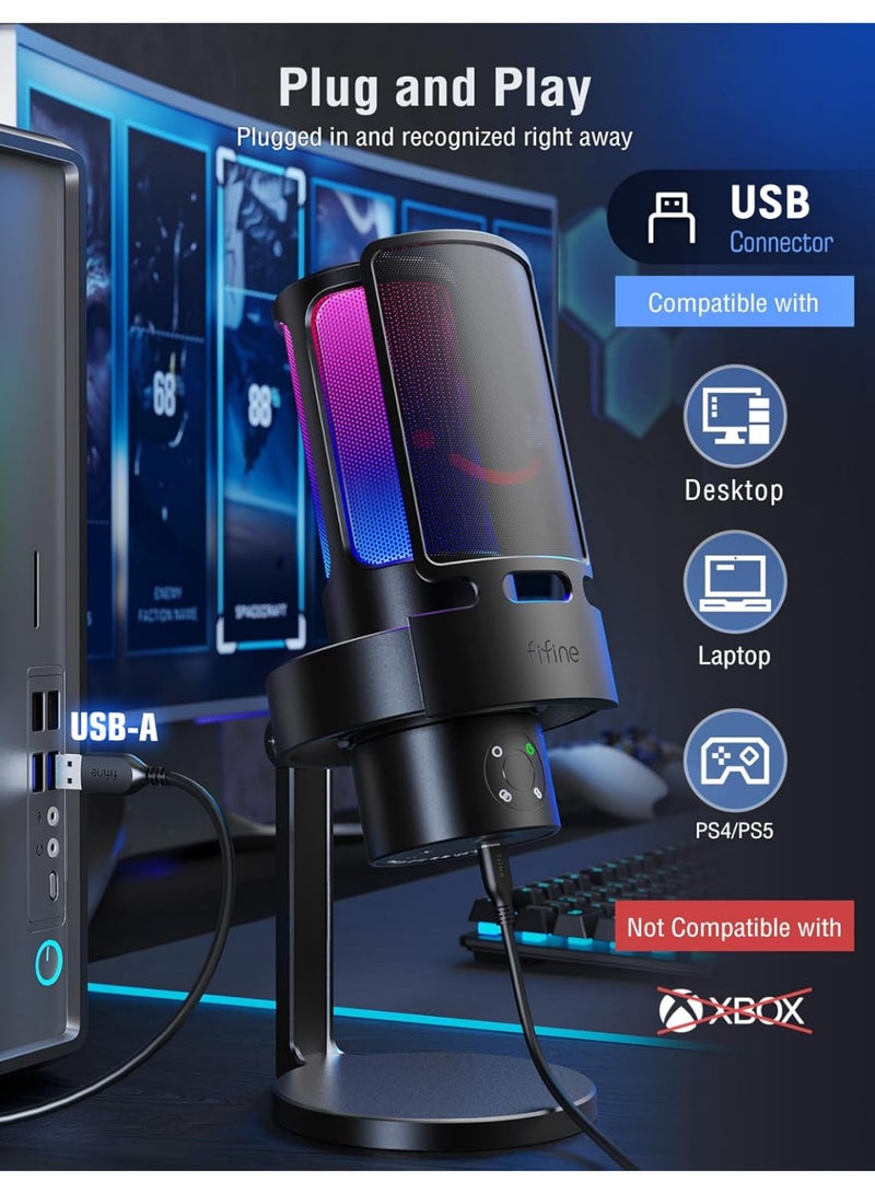 FIFINE A8 Plus AmpliGame USB Condenser Gaming Microphone, with 4 Polar Patterns for Podcast Streaming Recording YouTube, RGB Desktop Mic for PS4, Mac, with Headphone Jack Black - Image 2