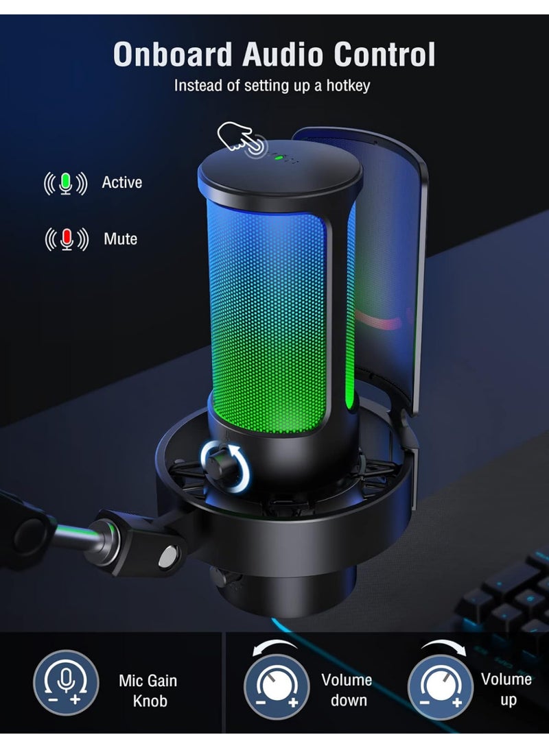 FIFINE A8 Plus AmpliGame USB Condenser Gaming Microphone, with 4 Polar Patterns for Podcast Streaming Recording YouTube, RGB Desktop Mic for PS4, Mac, with Headphone Jack Black - Image 3