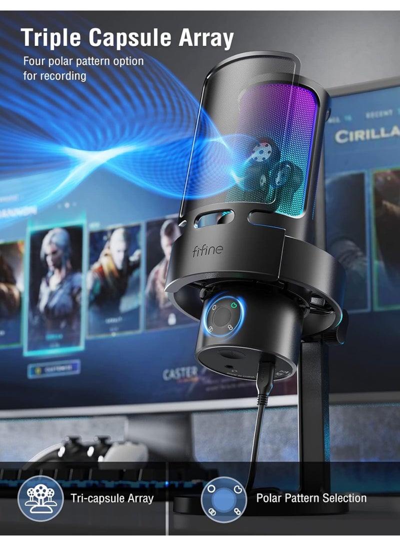 FIFINE A8 Plus AmpliGame USB Condenser Gaming Microphone, with 4 Polar Patterns for Podcast Streaming Recording YouTube, RGB Desktop Mic for PS4, Mac, with Headphone Jack Black - Image 4