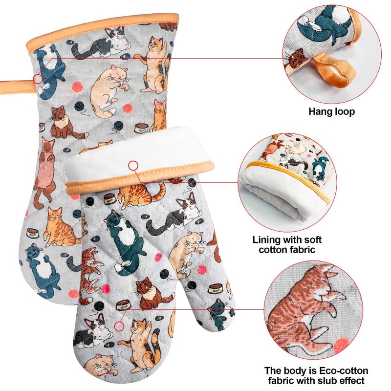 Alselo Oven Mitts and Pot Holders with Chef Apron,Set of 5 Heat Resistant Kitchen Gloves and Silicone Non-Slip Potholders Adjustable Neck Buckle Chef Apron, Cotton Nice Design for Cooking (Cat) - Image 4