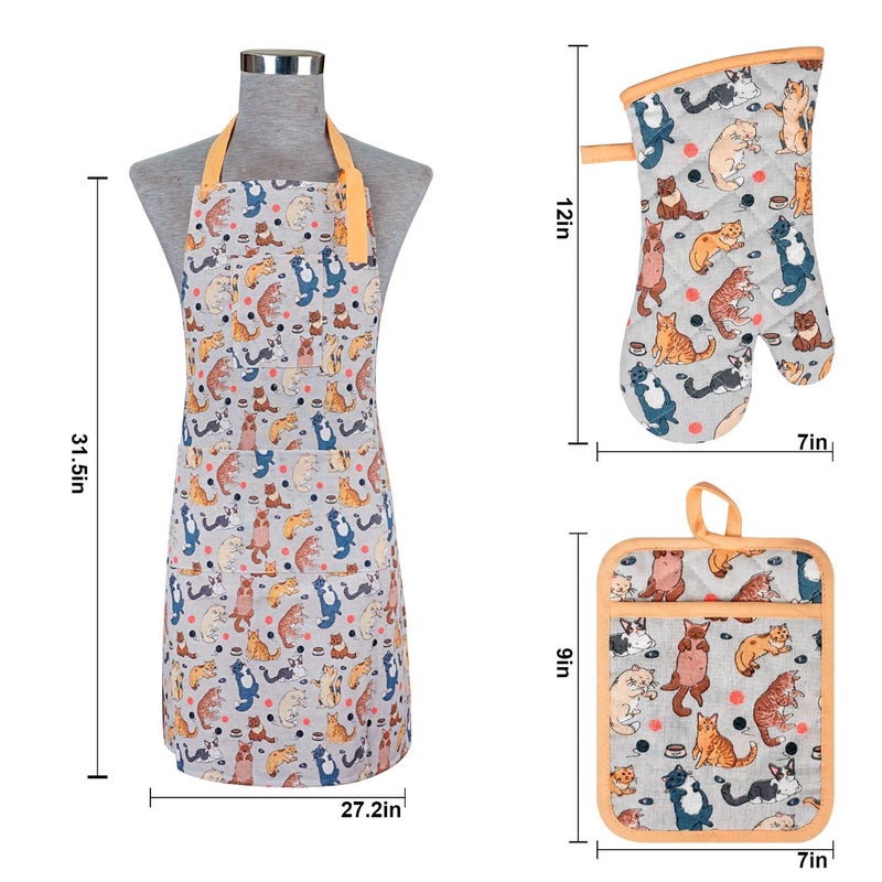 Alselo Oven Mitts and Pot Holders with Chef Apron,Set of 5 Heat Resistant Kitchen Gloves and Silicone Non-Slip Potholders Adjustable Neck Buckle Chef Apron, Cotton Nice Design for Cooking (Cat) - Image 3