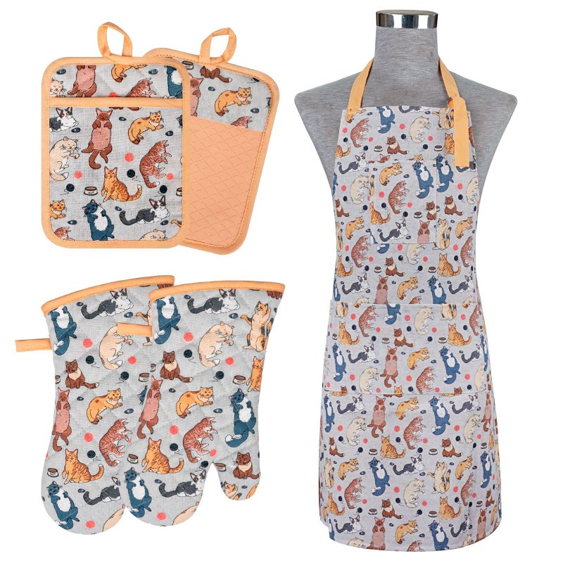 Alselo Oven Mitts and Pot Holders with Chef Apron,Set of 5 Heat Resistant Kitchen Gloves and Silicone Non-Slip Potholders Adjustable Neck Buckle Chef Apron, Cotton Nice Design for Cooking (Cat) - Image 1