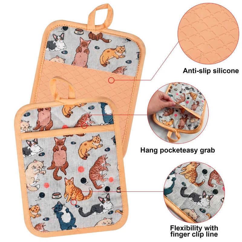 Alselo Oven Mitts and Pot Holders with Chef Apron,Set of 5 Heat Resistant Kitchen Gloves and Silicone Non-Slip Potholders Adjustable Neck Buckle Chef Apron, Cotton Nice Design for Cooking (Cat) - Image 5