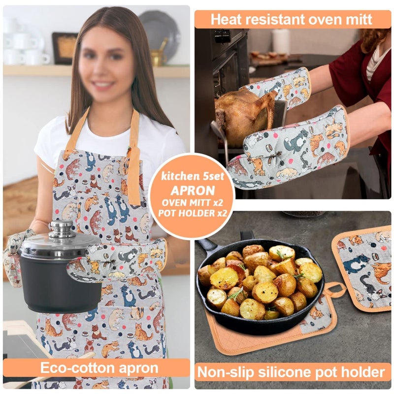 Alselo Oven Mitts and Pot Holders with Chef Apron,Set of 5 Heat Resistant Kitchen Gloves and Silicone Non-Slip Potholders Adjustable Neck Buckle Chef Apron, Cotton Nice Design for Cooking (Cat) - Image 2