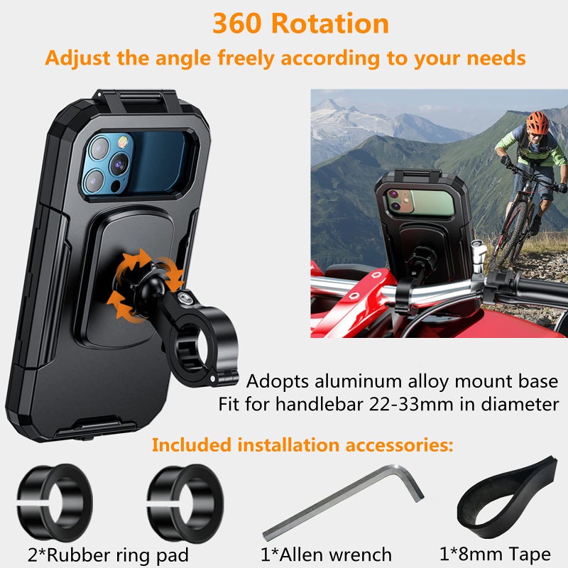 Kewig Bike Phone Mount Waterproof, Motorcycle Phone Mount with Aluminum Alloy Handlebar Mount Base & Touch-Screen, 360 Rotation Bike Phone Holder Suitable for 5.5'' - 7.0'' Cellphones - Image 4