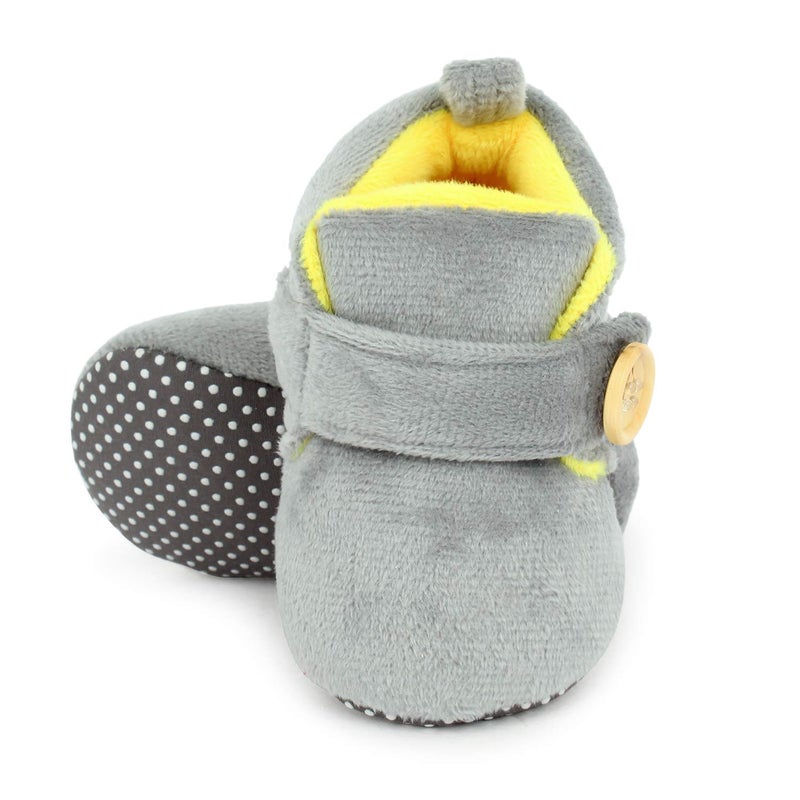 Superminis unisex-baby Dual Color Velvet Soft Base Booties/Shoes With Wooden Button 0-6 Months Grey+Lemon - Image 2