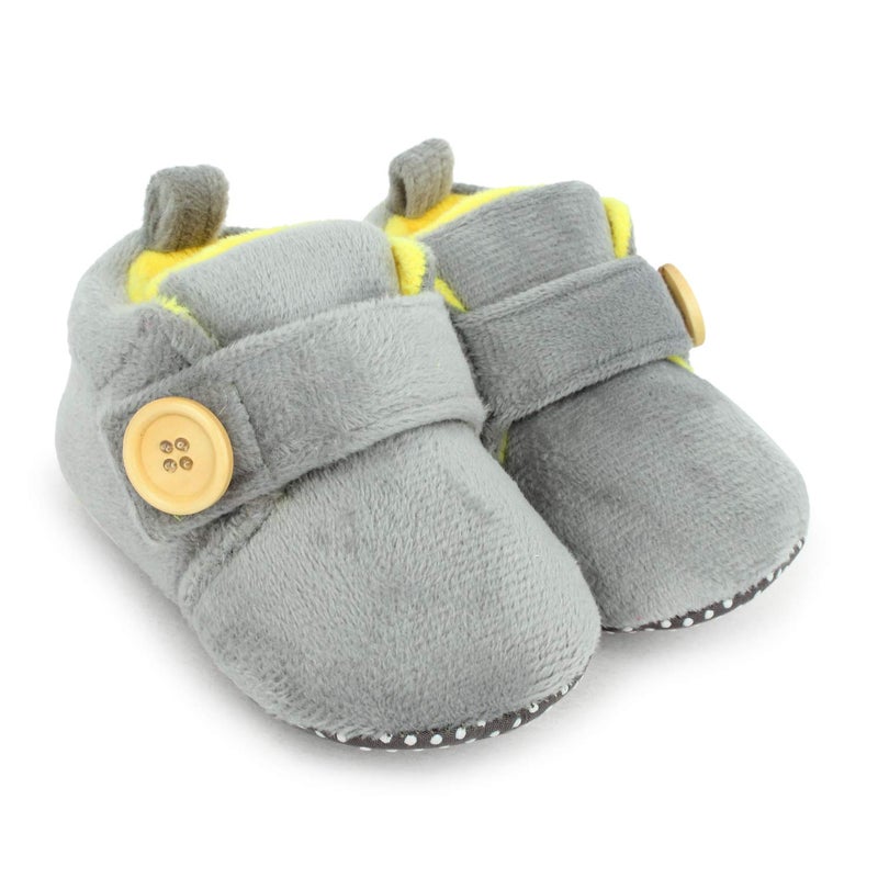 Superminis unisex-baby Dual Color Velvet Soft Base Booties/Shoes With Wooden Button 0-6 Months Grey+Lemon - Image 1