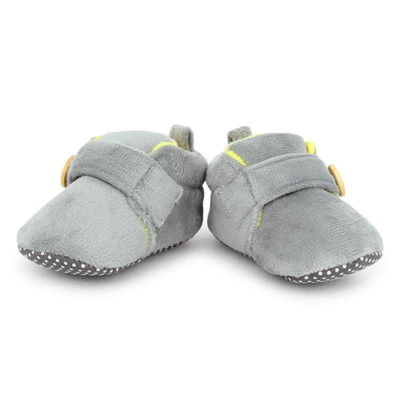 Superminis unisex-baby Dual Color Velvet Soft Base Booties/Shoes With Wooden Button 0-6 Months Grey+Lemon - Image 3
