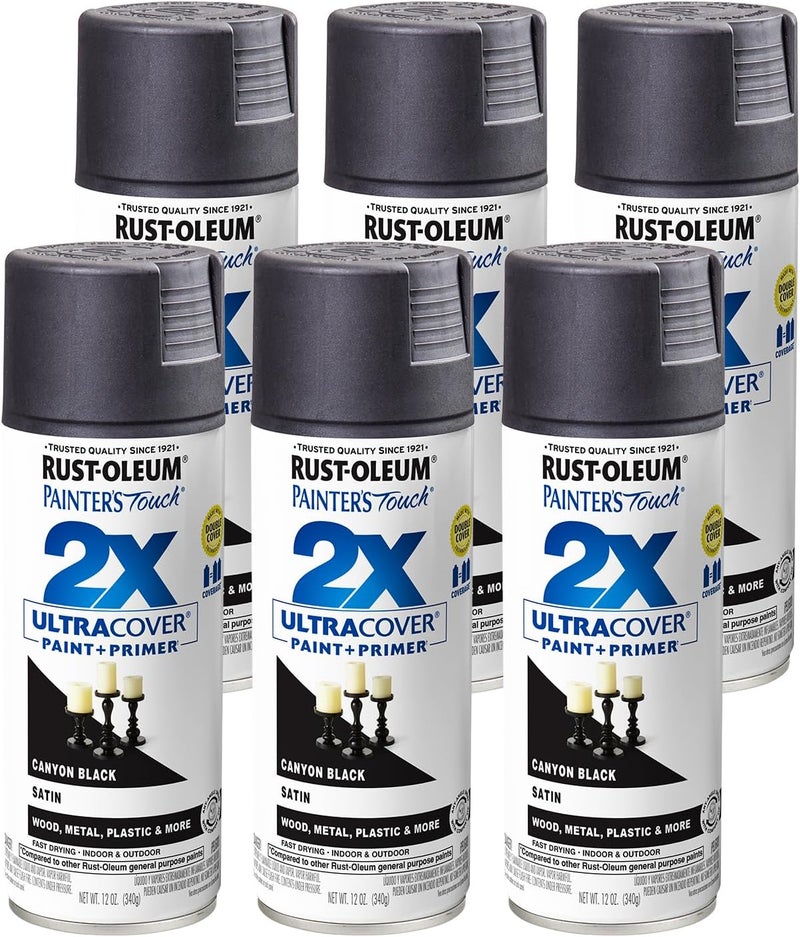 RUST-OLEUM 249844-6PK Painter's Touch 2X Ultra Cover Spray Paint, 12 oz, Satin Canyon Black, 6 Pack - Image 1