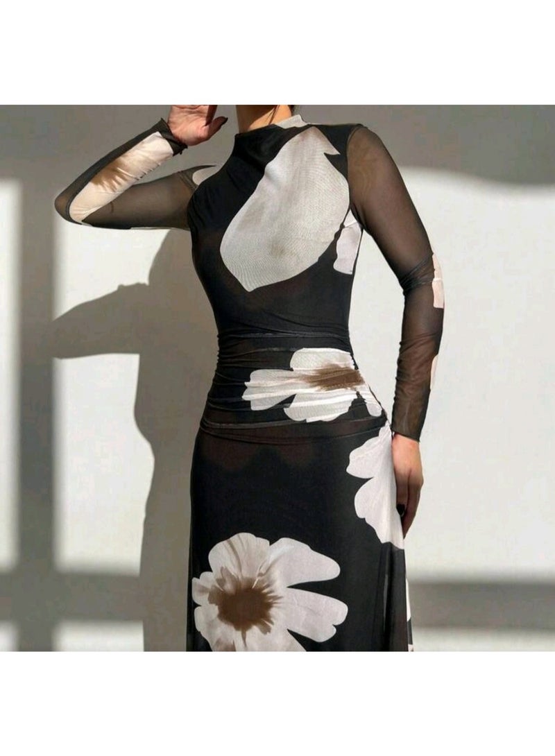 فستان نسائي ماكسي بأكمام طويلة وطبعة زهور - قماش شبكي مرن ومبطن - Image 3