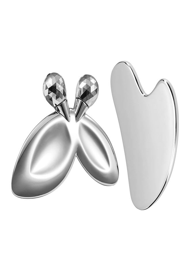 erdnretl Gua Sha Facial Tools and Face Roller Set, Stainless Steel Facial Sculpting Eyes Roller Guasha for Face, Chin & Jawline Sculpting,Skin Care (Stainless Steel) - Image 1