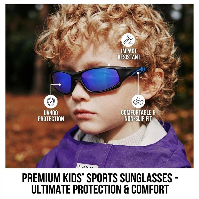 GLARDEFE Kids Youth Baseball Sunglasses â€“ Unbreakable Flexible Polarized Sports Sunglasses with Strap for Boys Girls Age 4-12(Matte Black/Green Mirror + Matte Black/Dark Blue Mirror) - Image 2