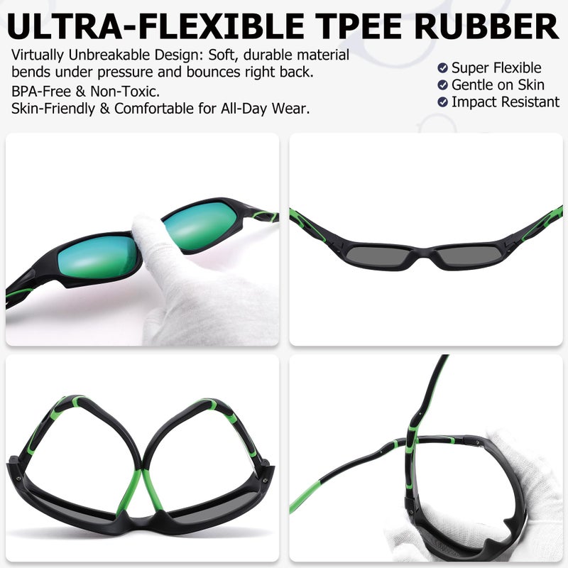 GLARDEFE Kids Youth Baseball Sunglasses â€“ Unbreakable Flexible Polarized Sports Sunglasses with Strap for Boys Girls Age 4-12(Matte Black/Green Mirror + Matte Black/Dark Blue Mirror) - Image 3