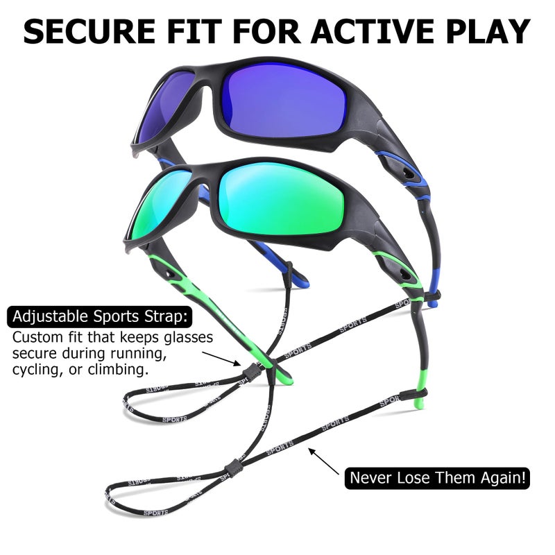 GLARDEFE Kids Youth Baseball Sunglasses â€“ Unbreakable Flexible Polarized Sports Sunglasses with Strap for Boys Girls Age 4-12(Matte Black/Green Mirror + Matte Black/Dark Blue Mirror) - Image 4