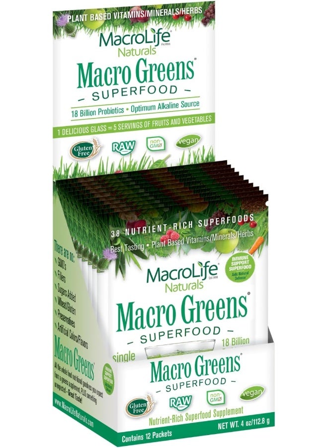 MacroLife Naturals Macro Greens Powder 38 Superfood Probiotic Antioxidant Enzyme & Herbal Supplement Immunity Energy Cleanse - Non-Gmo Vegan Gluten-Free Dairy-Free - 12 Packet Servings - Image 2