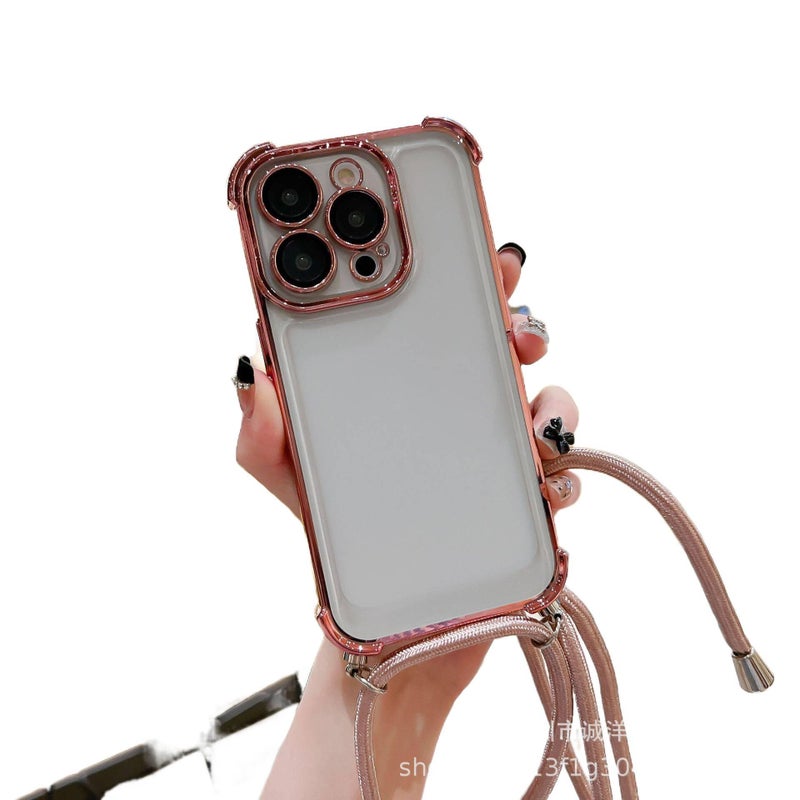MS TPU Protective Case for iPhone 16 / 16 Plus / 16 Pro / 16 Pro Max with Drop Protection and Lanyard plus Shockproof plus Electroplated plus Crossbody in Rose Gold - Image 1