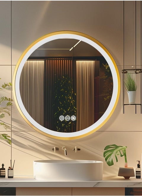 60x60cm Round Wall Mounted Mirror Gold Frame Round Bathroom Vanity Mirror LED Illuminated Bathroom Mirror Dimmable Backlit Lighted Smart Mirror Double Strips Anti-fog Vanity Mirror for Shaving