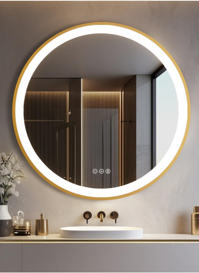 WISFOR - 60x60cm Round Wall Mounted Mirror Gold Frame Round Bathroom Vanity Mirror LED Illuminated Bathroom Mirror Dimmable Backlit Lighted Smart Mirror Double Strips Anti-fog Vanity Mirror for Shaving - Image 1