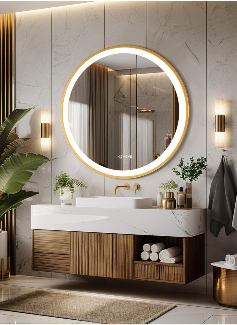 WISFOR - 60x60cm Round Wall Mounted Mirror Gold Frame Round Bathroom Vanity Mirror LED Illuminated Bathroom Mirror Dimmable Backlit Lighted Smart Mirror Double Strips Anti-fog Vanity Mirror for Shaving - Image 1