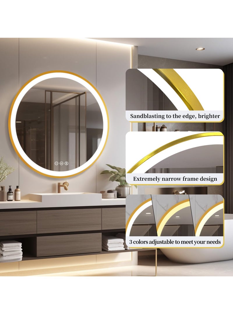 WISFOR - 60x60cm Round Wall Mounted Mirror Gold Frame Round Bathroom Vanity Mirror LED Illuminated Bathroom Mirror Dimmable Backlit Lighted Smart Mirror Double Strips Anti-fog Vanity Mirror for Shaving - Image 1