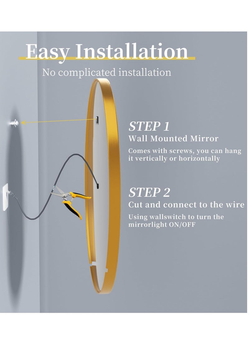 WISFOR - 60x60cm Round Wall Mounted Mirror Gold Frame Round Bathroom Vanity Mirror LED Illuminated Bathroom Mirror Dimmable Backlit Lighted Smart Mirror Double Strips Anti-fog Vanity Mirror for Shaving - Image 1