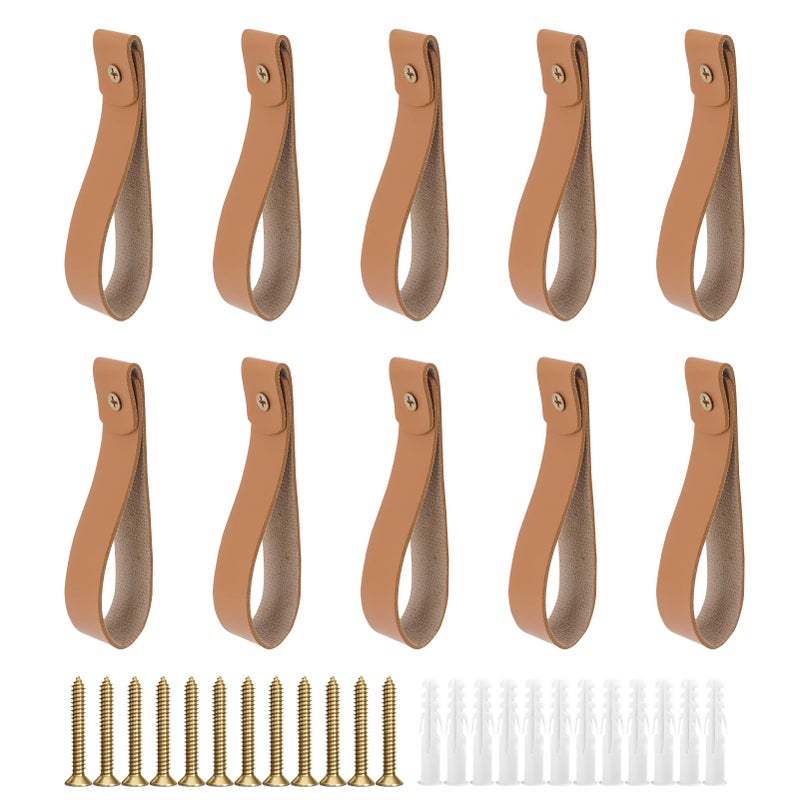AddGrace 10 PCS Leather Curtain Rod Holder, PU Leather Curtain Rod Holders for Hanging Towel, Decorative Wall Hooks, Wall Mounted Loop for Oars 9.8" Brown - Image 1