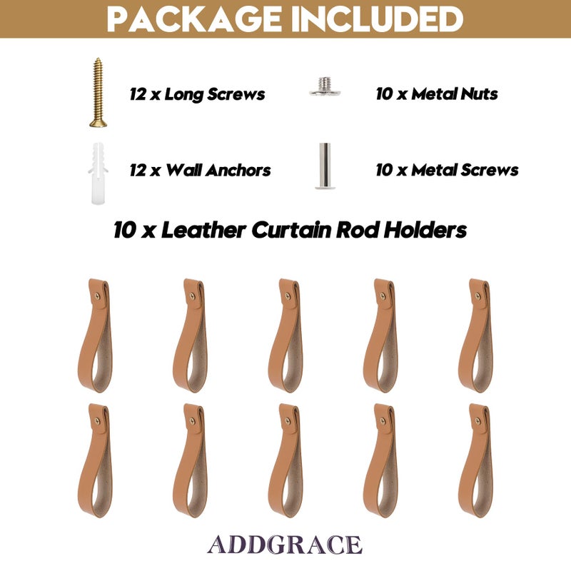 AddGrace 10 PCS Leather Curtain Rod Holder, PU Leather Curtain Rod Holders for Hanging Towel, Decorative Wall Hooks, Wall Mounted Loop for Oars 9.8" Brown - Image 5