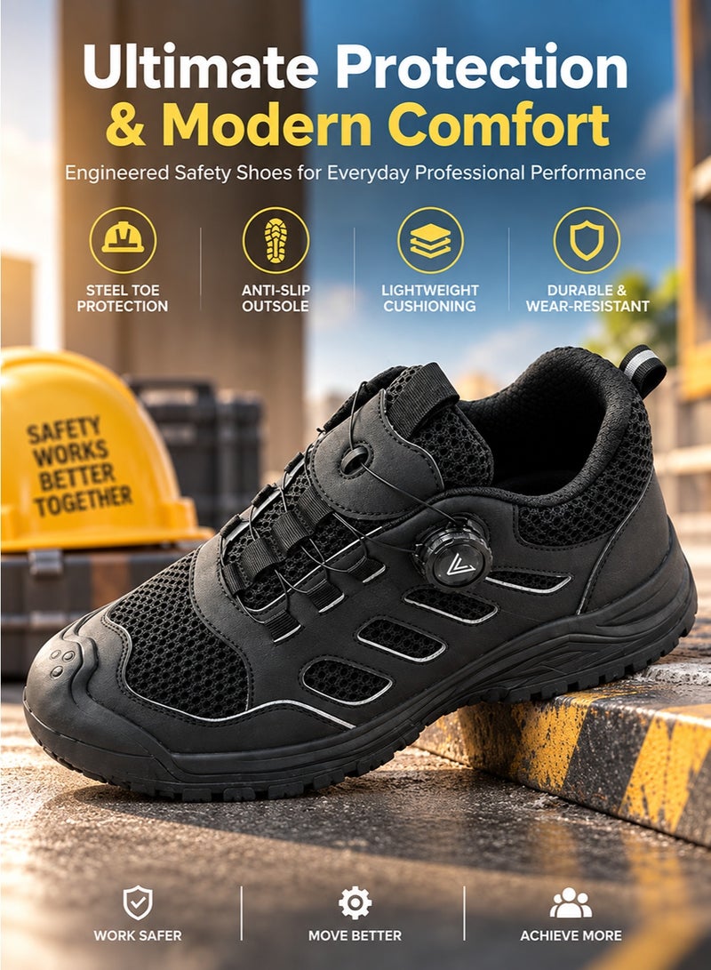 Steel Toe Safety Shoes, Puncture-Resistant Low-Top Work Shoes with Breathable Mesh and Synthetic Upper, Rotary Dial Cable Closure and Rubber Outsole, Black, EU Size 45 - Image 2