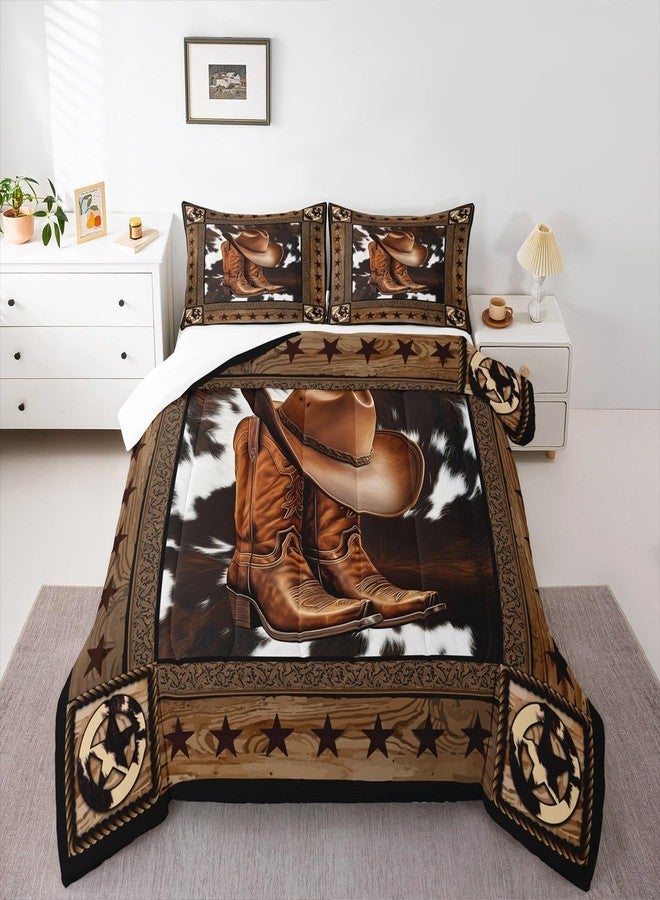 Man Fei Manfei Western Cowboy Comforter Set King Size,Western Texas Star Wooden Plank Rustic Bedding Set,Boys Girls Adults Room Decor,Cow Fur Farmhouse Down Comforter,Brown Retro Duvet Insert,2 Pillowcases - Image 5