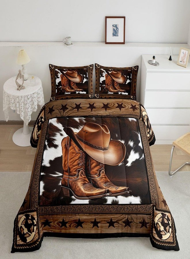 Man Fei Manfei Western Cowboy Comforter Set King Size,Western Texas Star Wooden Plank Rustic Bedding Set,Boys Girls Adults Room Decor,Cow Fur Farmhouse Down Comforter,Brown Retro Duvet Insert,2 Pillowcases - Image 4