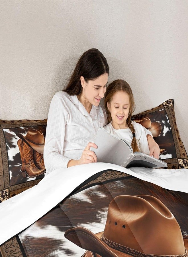 Man Fei Manfei Western Cowboy Comforter Set King Size,Western Texas Star Wooden Plank Rustic Bedding Set,Boys Girls Adults Room Decor,Cow Fur Farmhouse Down Comforter,Brown Retro Duvet Insert,2 Pillowcases - Image 2