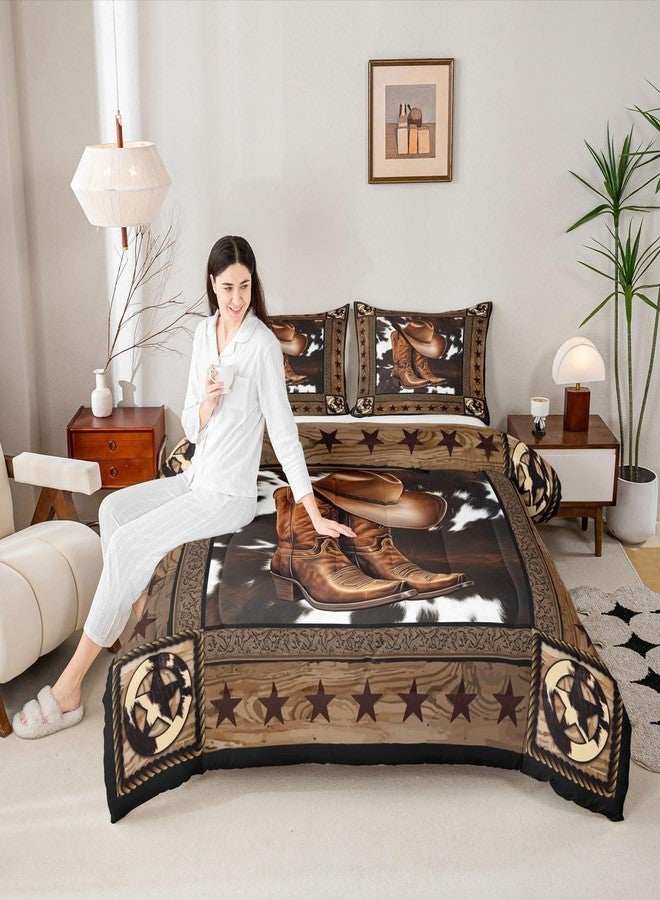 Man Fei Manfei Western Cowboy Comforter Set King Size,Western Texas Star Wooden Plank Rustic Bedding Set,Boys Girls Adults Room Decor,Cow Fur Farmhouse Down Comforter,Brown Retro Duvet Insert,2 Pillowcases - Image 1