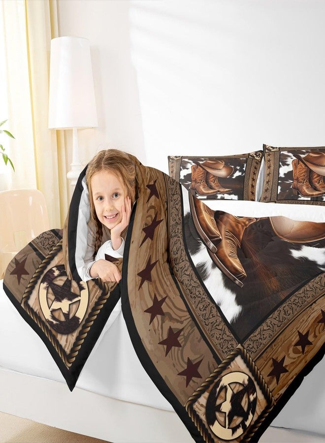 Man Fei Manfei Western Cowboy Comforter Set King Size,Western Texas Star Wooden Plank Rustic Bedding Set,Boys Girls Adults Room Decor,Cow Fur Farmhouse Down Comforter,Brown Retro Duvet Insert,2 Pillowcases - Image 3