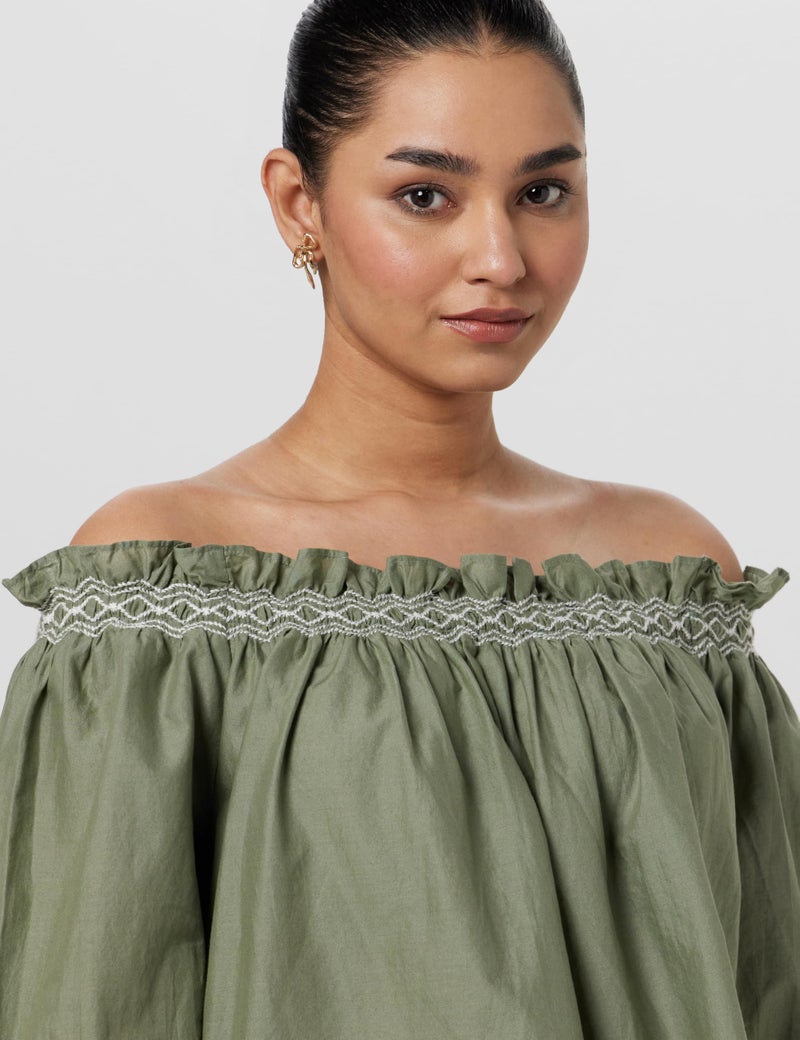 Marks & Spencer Pure Cotton Embroidered Off The Shoulder Blouse T415182WKHAKI_(8) Khaki - Image 4