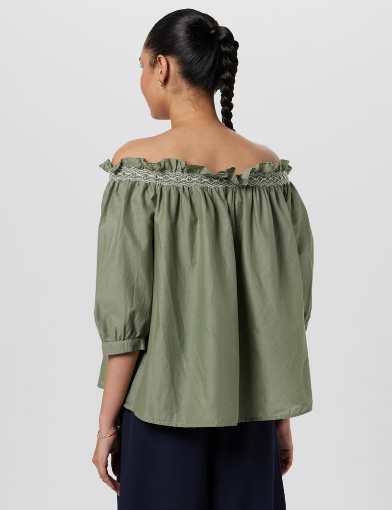 Marks & Spencer Pure Cotton Embroidered Off The Shoulder Blouse T415182WKHAKI_(8) Khaki - Image 3