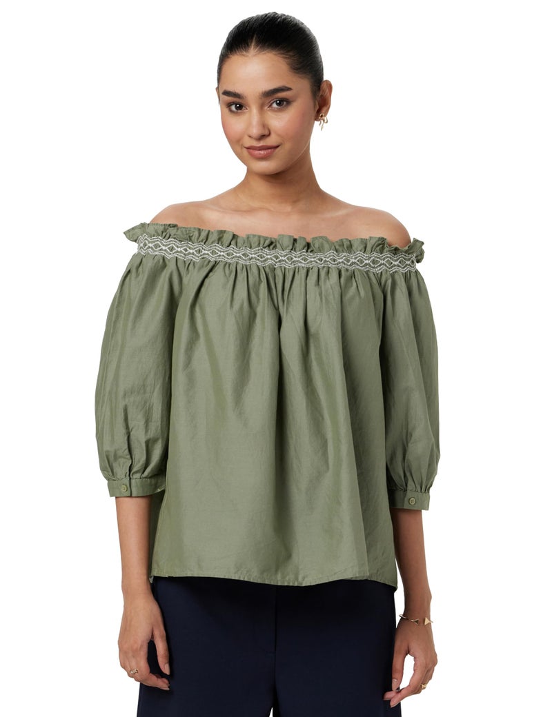 Marks & Spencer Pure Cotton Embroidered Off The Shoulder Blouse T415182WKHAKI_(8) Khaki - Image 1