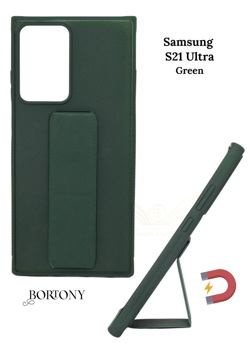 BORTONY - Galaxy S21 Ultra Case Fully Covered With Finger Grip Stand Holder Anti Slip Shockproof Protective Case Cover For Samsung Galaxy S21 Ultra - Image 1