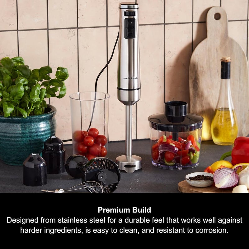 morphy richards Stainless Steel Hand Blender Set with Masher, Variable Speeds, Turbo Mode, DC Motor, Lightweight, Mashing/Chopping/Whisking/Juicing & Blending, Accessories Included, 1000W, 402020 - Image 2