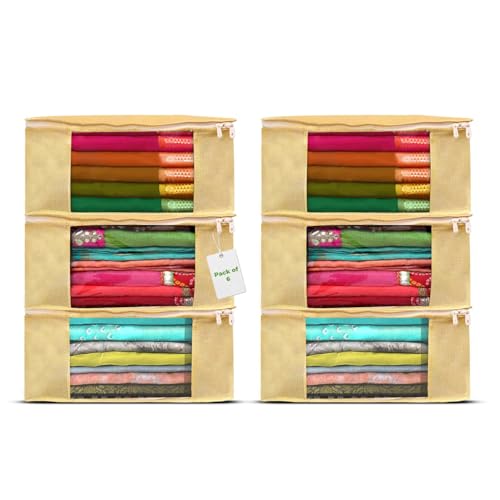Rusabl Non Woven Multi Storage Covers (Pack of 6, Green) with Zipper Closure, Clothes Organiser for Wardrobe, Bag for Woman Dresses, Sarees, Lehengas, Shawls, Men T-Shirts, Shirts (42 x 35 x 20 cm) - Image 1