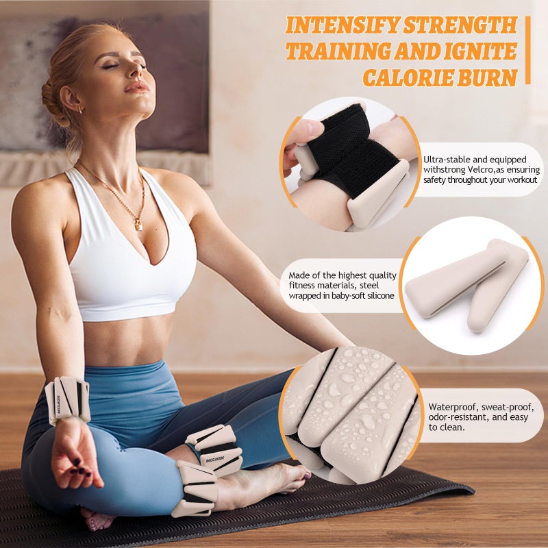 BECOJADDE Ankle Weights Set of 2 (2 lb Each) Adjustable Wrist Weights for Women Men Wearable Arm Leg Weight for Pilates, Running, Walking, Workout, Yoga, Beige - Image 3