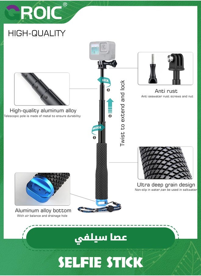 GROIC Waterproof Pole Selfie Stick Pocket Size Underwater Handle Grip Monopod Alumium for Gopro Hero Session Max Insta360 AKASO DJI OSMO Digital Cameras  - Image 3